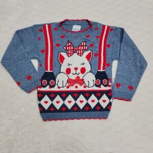 Vintage In Design Girls Sweater 4/5 Blue Red Cat Kitty Bow Knit Made in USA